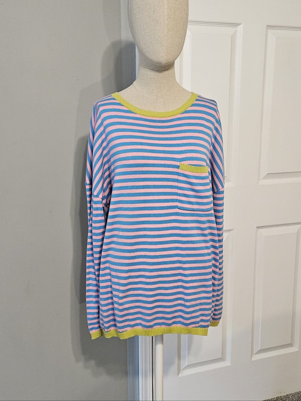 Striped Crewneck Sweater in Pink, Blue & Yellow Trim